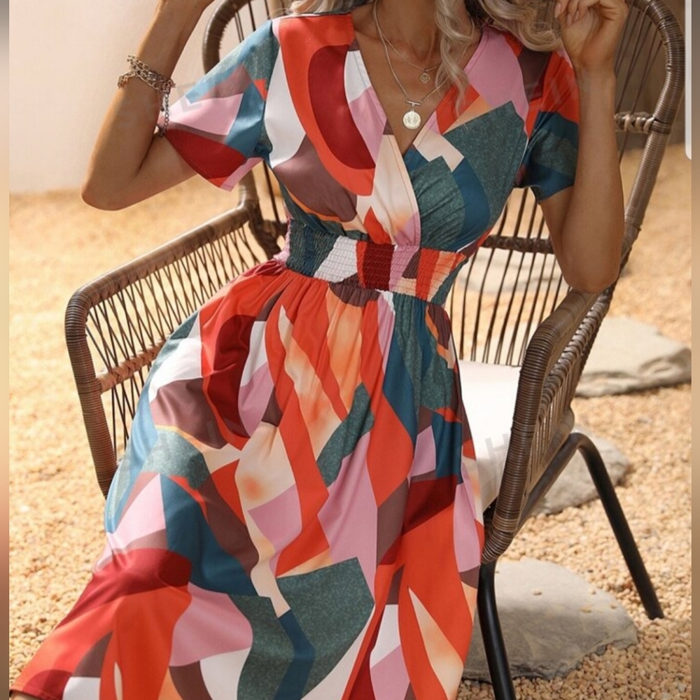 Geometric Print Shirred Waist Dress Short Sleeves Midi Large